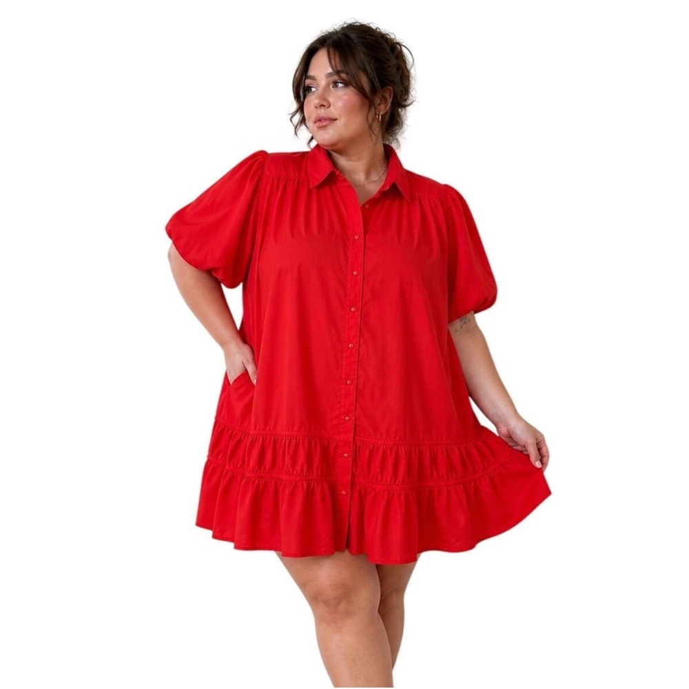 CQ BY CQ Red Puff Sleeve Ruffle Hem Babydoll Pocket Mini Dress XL/1XL